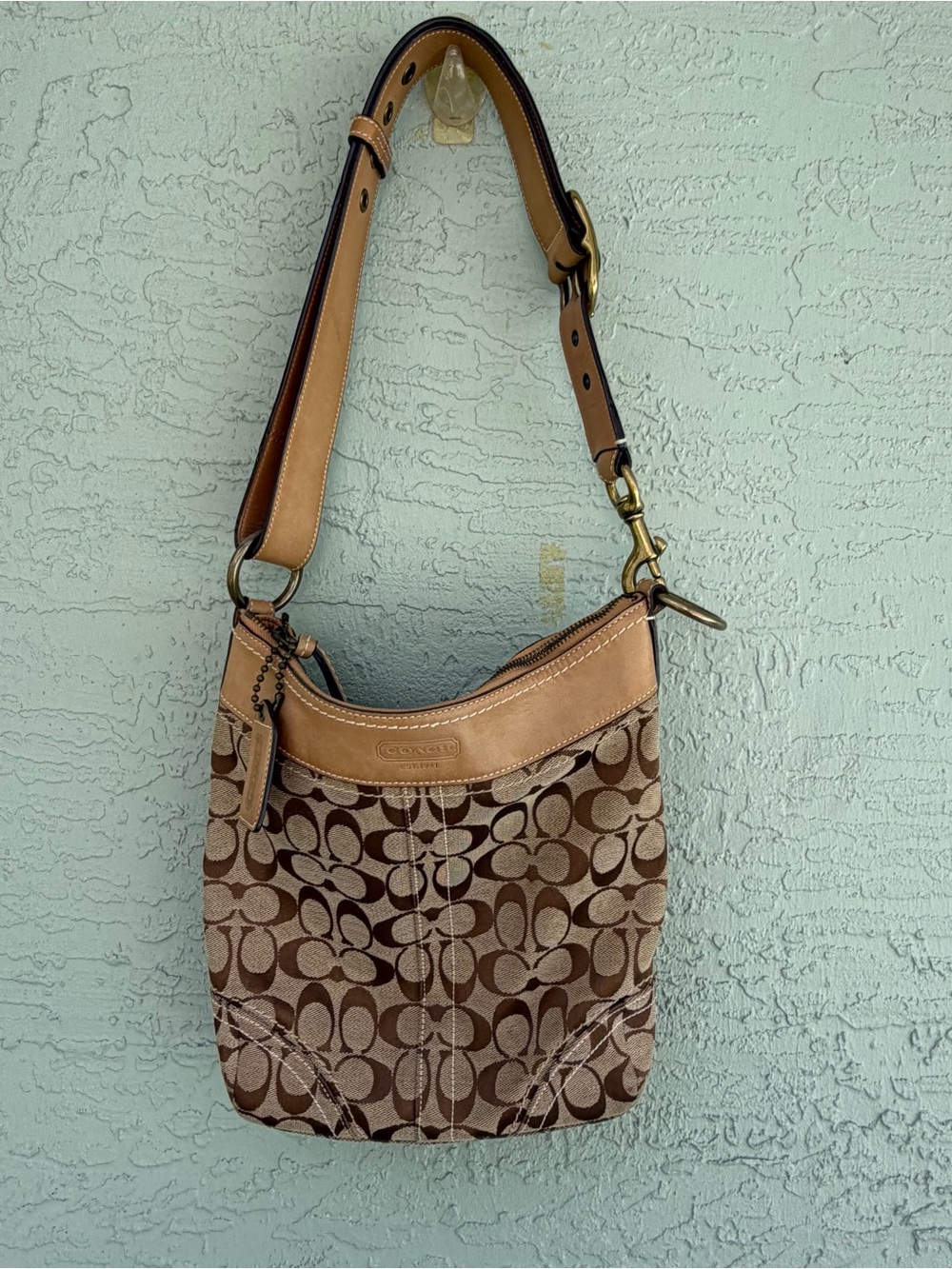 Coach Brown Signature Canvas Shoulder Bag with Tan Leather Trim